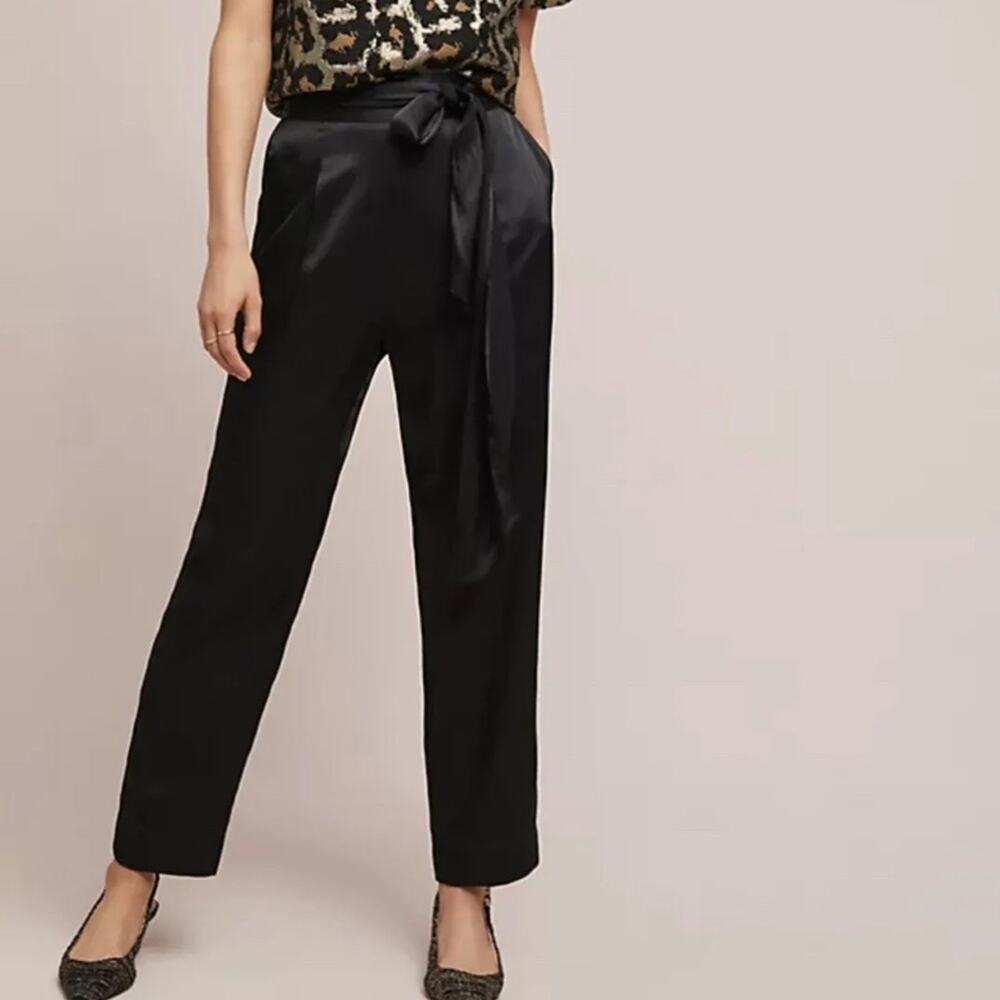 Anthropologie ETT TWA Black Satin Waist Tie Cropped Pants Size 0 Petite
